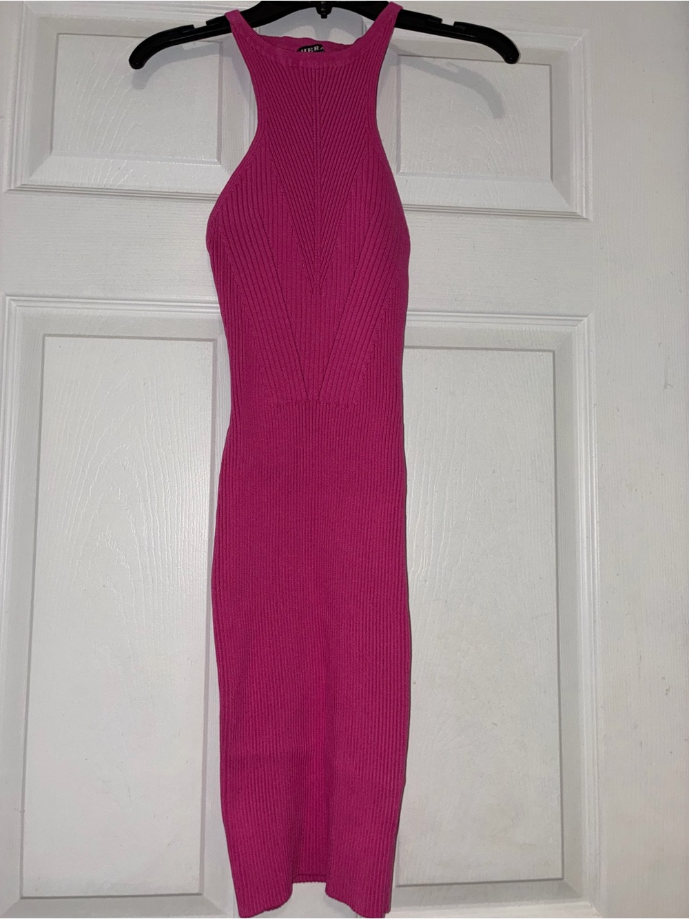 Hera Collection Hot Pink Ribbed Halter Midi Dress